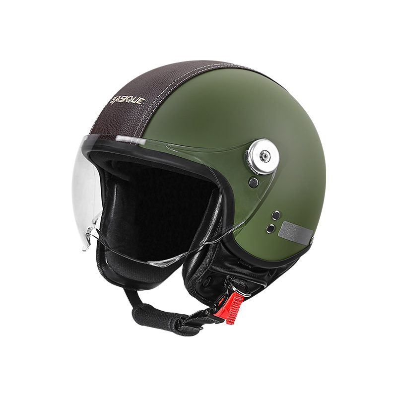 Vintage Open Face Retro Helmet - ヴィンテージ3/4オープンフェイスバイクヘルメット、PUレザー製レトロバイクヘルメット、クリアバイザー付き、男女兼用スクーターヘルメット、カスコモト