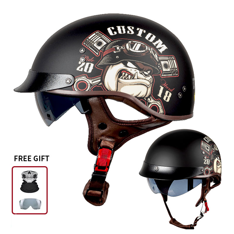 Vintage Open Face Retro Helmet - カスタムブルドッグエンジンピストンプリント入りのヴィンテージハーフオープンフェイスバイクヘルメット、インナーサンバイザー付きレトロライディングセーフティヘルメット