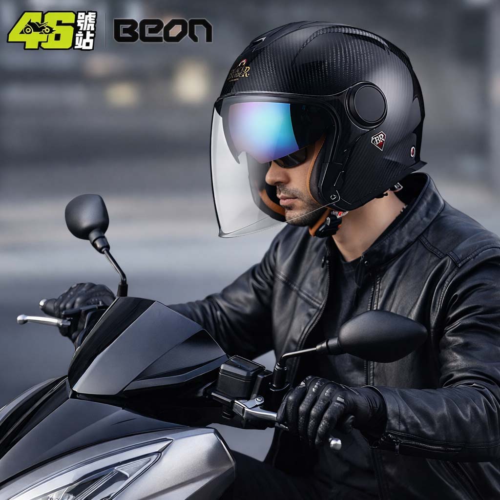 Carbon Fiber Lightweight Motorcycle Helmet - BEON BR23 カーボンファイバー 3/4 オープンフェイスオートバイヘルメットヴィンテージレトロデュアルバイザー軽量ハーフヘルメットクルーザースクーター用